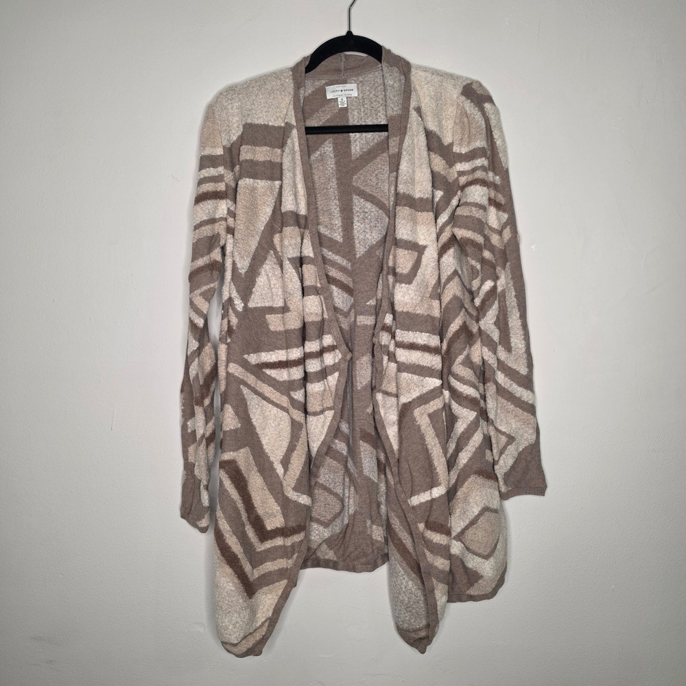 Lucky Brand Cardigan Women M Tan Geometric Open Front Draped Tribal Sweater